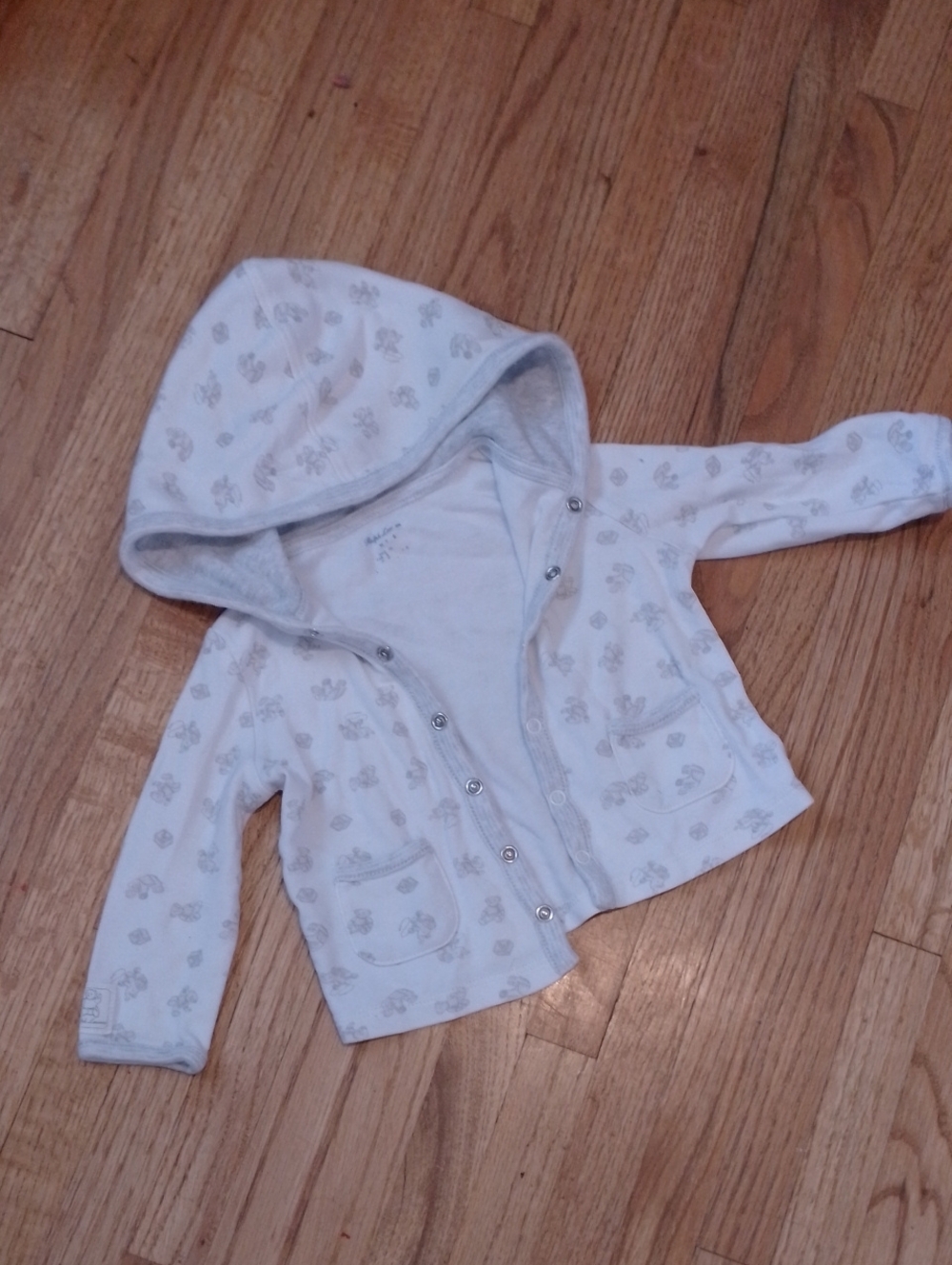 Ralph Lauren White Hooded Snap-Front Baby Hoodie with Light Gray Toy Print
